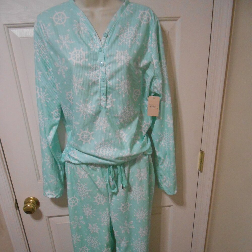 NEW WOMEN'S SIZE L/XL COMFORT BY REAL SLEEPWEAR PAJAMA SET RUCHING ANKLES LS 👩